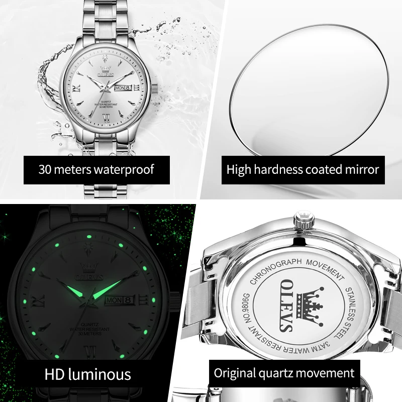 OLEVS jam tangan kuarsa wanita, arloji 9806 dengan minggu dan kalender