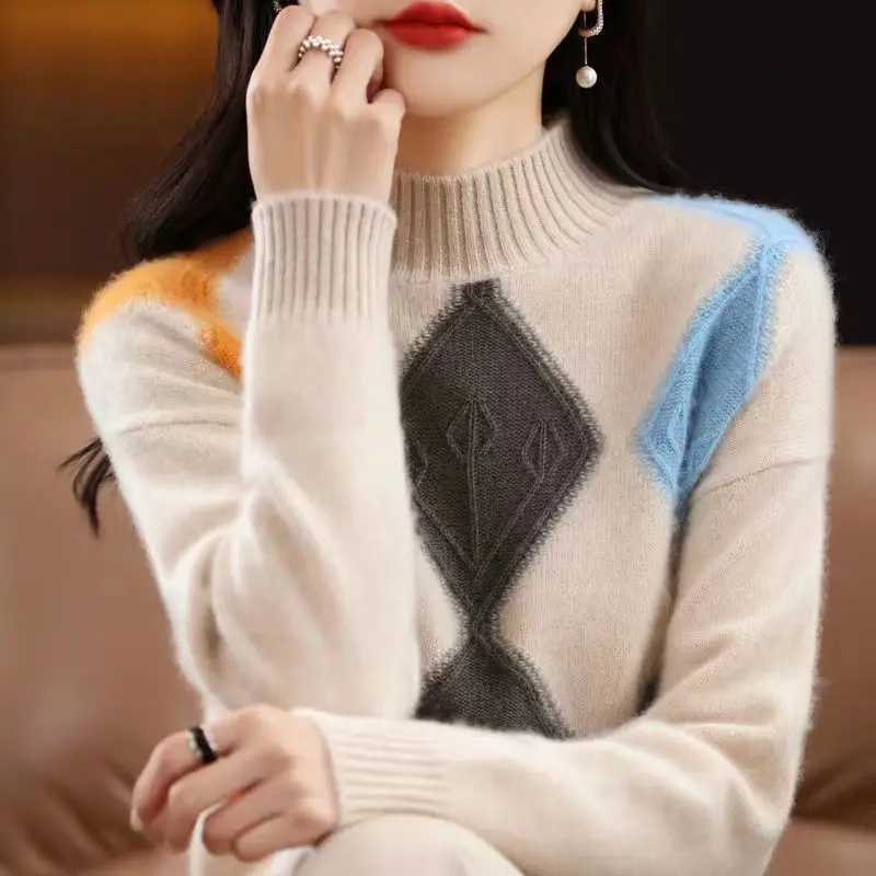 2023 New Autumn and Winter Fashion Half High Collar Color Matching Slim Knitting Temperament Commuter Women\'s Casual Sweater