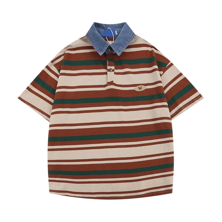 

Summer Mens Short Sleeve Tshirts Hip Hop Y2k Vintage Striped Polo Shirts Men Streetwear Harajuku Casual Cotton Tops Tees Male