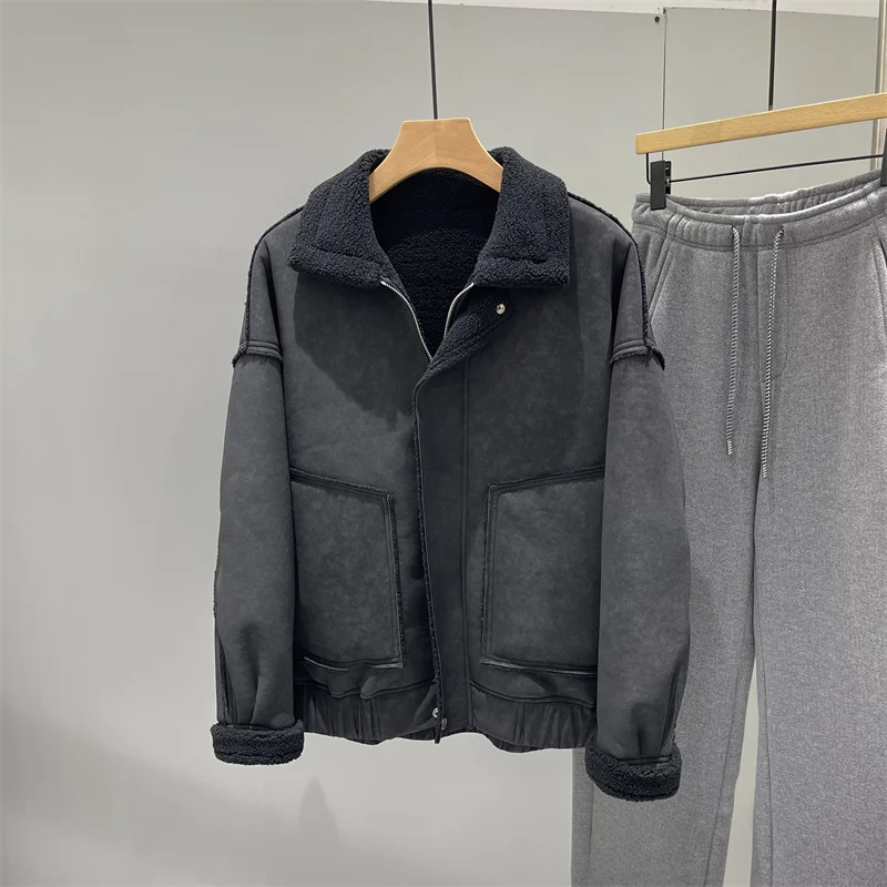 

Мужское кожаное пальто на меховой подкладке с воротником-стойкой, свободное мотоциклетное зимнее пальто, повседневное модное полиэфирное волокно