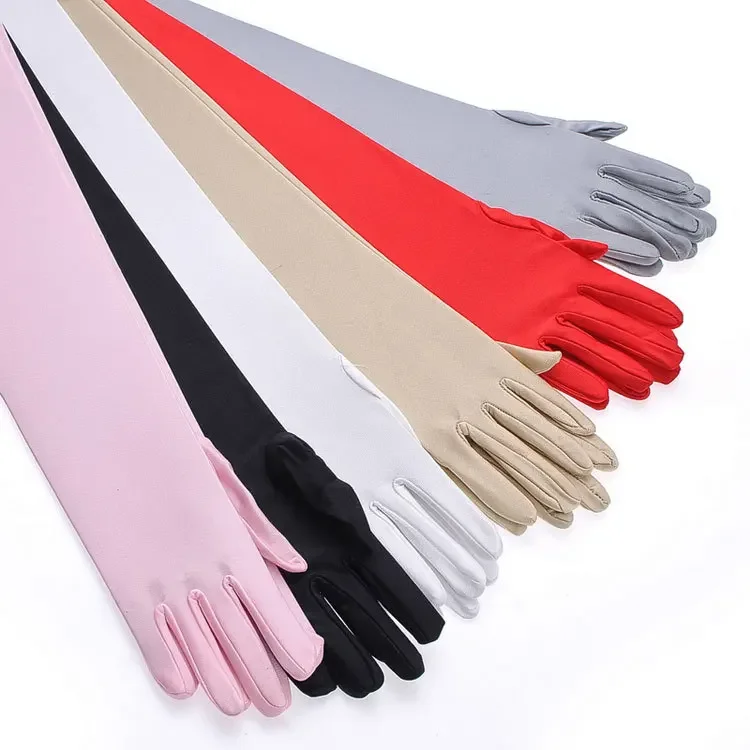 Elegant Purple Red Black White Bridal Party Gloves for Wedding Prom One Size Fashion Stretch Satin Opera Women Pink