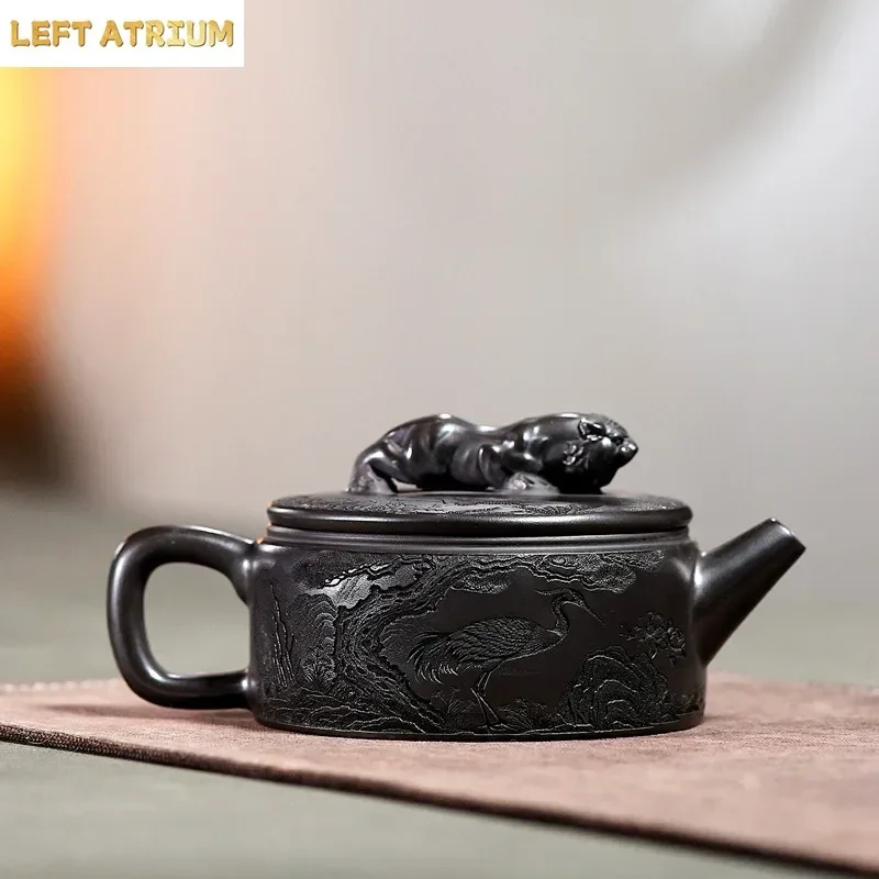 280ml Yixing Purple Clay Teapots Handmade Dragon Tiger Large Caliber Pot Raw Ore Xuan Iron Stone Yellow Mud Kettle Zisha Tea Set