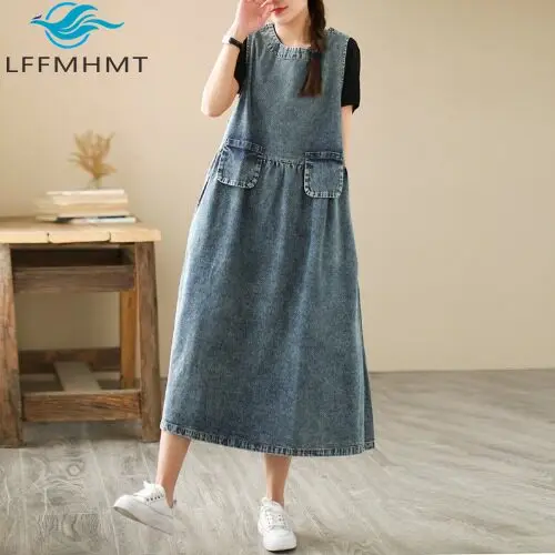 Damen Sommer Vintage Ärmelloses Jeanskleid mit Doppeltaschen, Rundhalsausschnitt, Locker Geschnittenes Langes A-Linien-Kleid