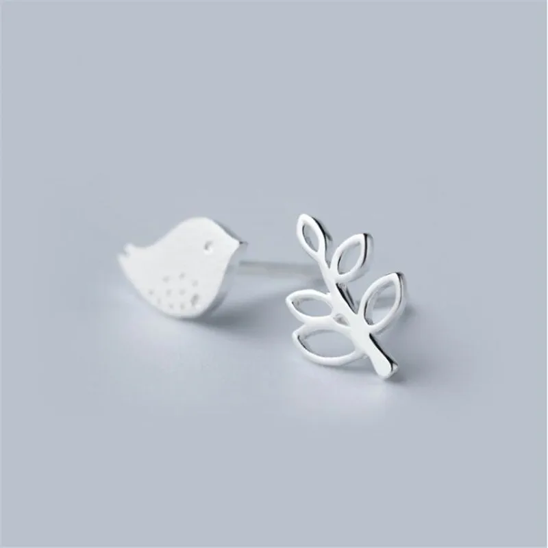 925 Sterling Silver Fashion Jewelry Personality Brushed Asymmetric Bird Branch Sweet Gift Stud Earrings  E247