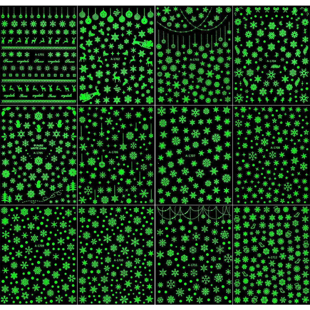 12 Stück leuchtende Weihnachts-Schneeflocken-Nagelaufkleber, Schneemann, Weihnachtsmann, leuchtet im Dunkeln, Schieber für Maniküre, Winter, Weihnachten, Nägel, Kunstdekoration