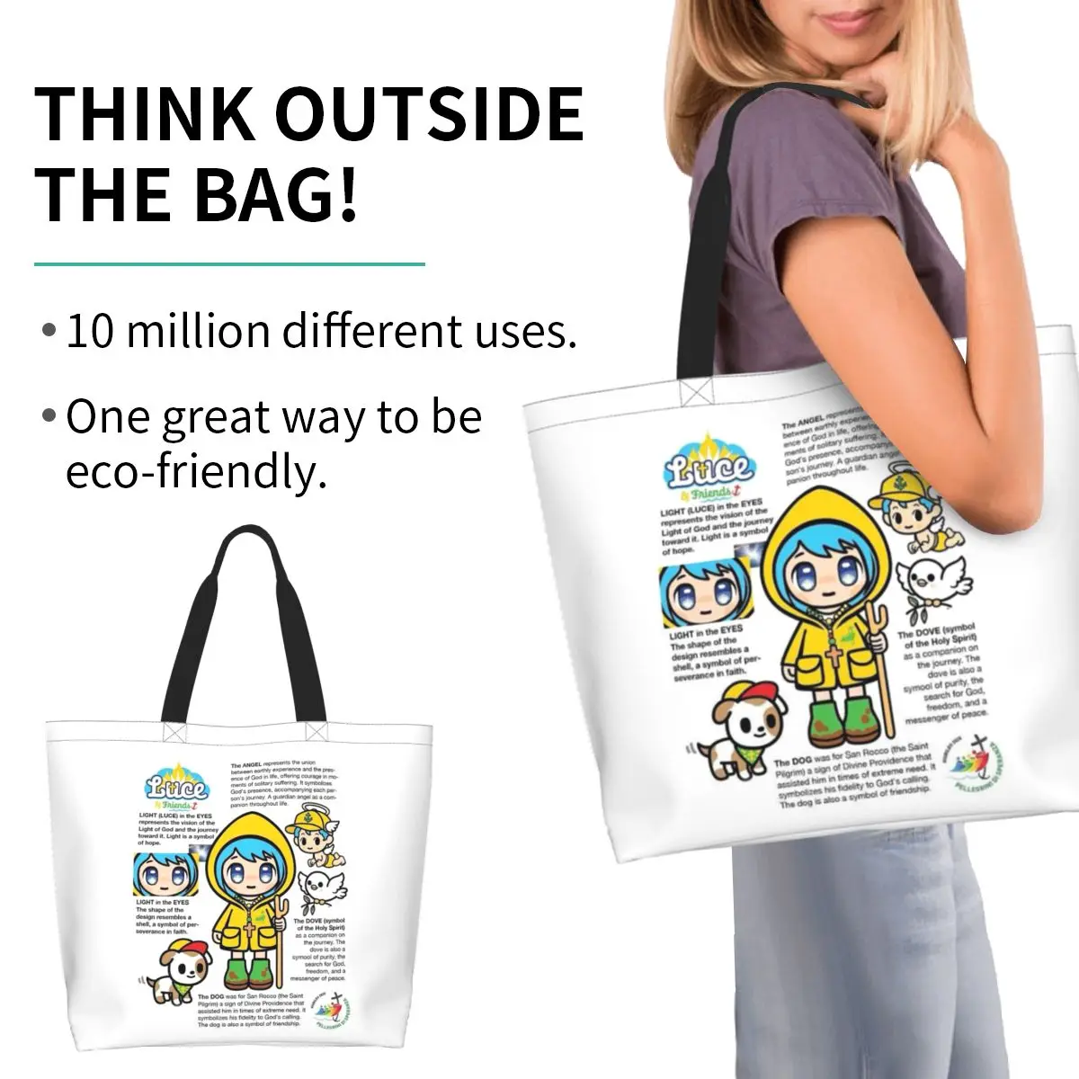 Luce Vatican Mascot Shopping Tote Bag Canvas Large Capacity Shoulder Bags Shopper Grocery Handbag for Women
