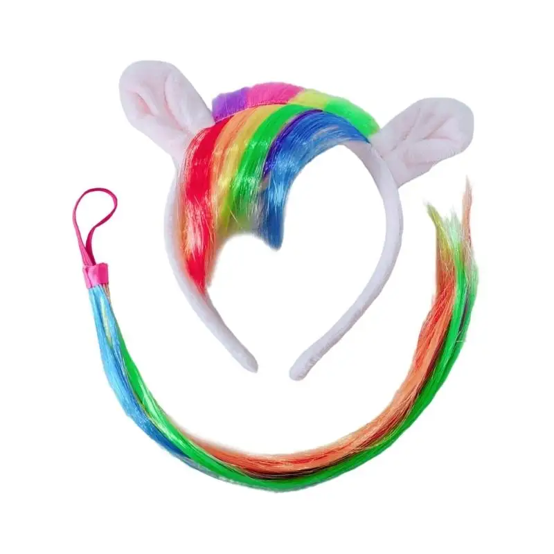 652F Horse Role Play Outfit Accessory with Horse Ear Headband Plush Tail Halloween Animal Horse Costume for Women Kid Cosplay