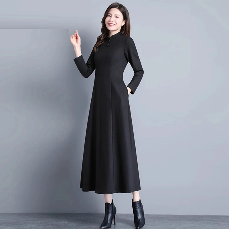 

Women's Vintage Chinese Style Dress, Stand Collar Long Sleeve Slim Fit Woolen Gown, Elegant Autumn Winter Long Dress 2025