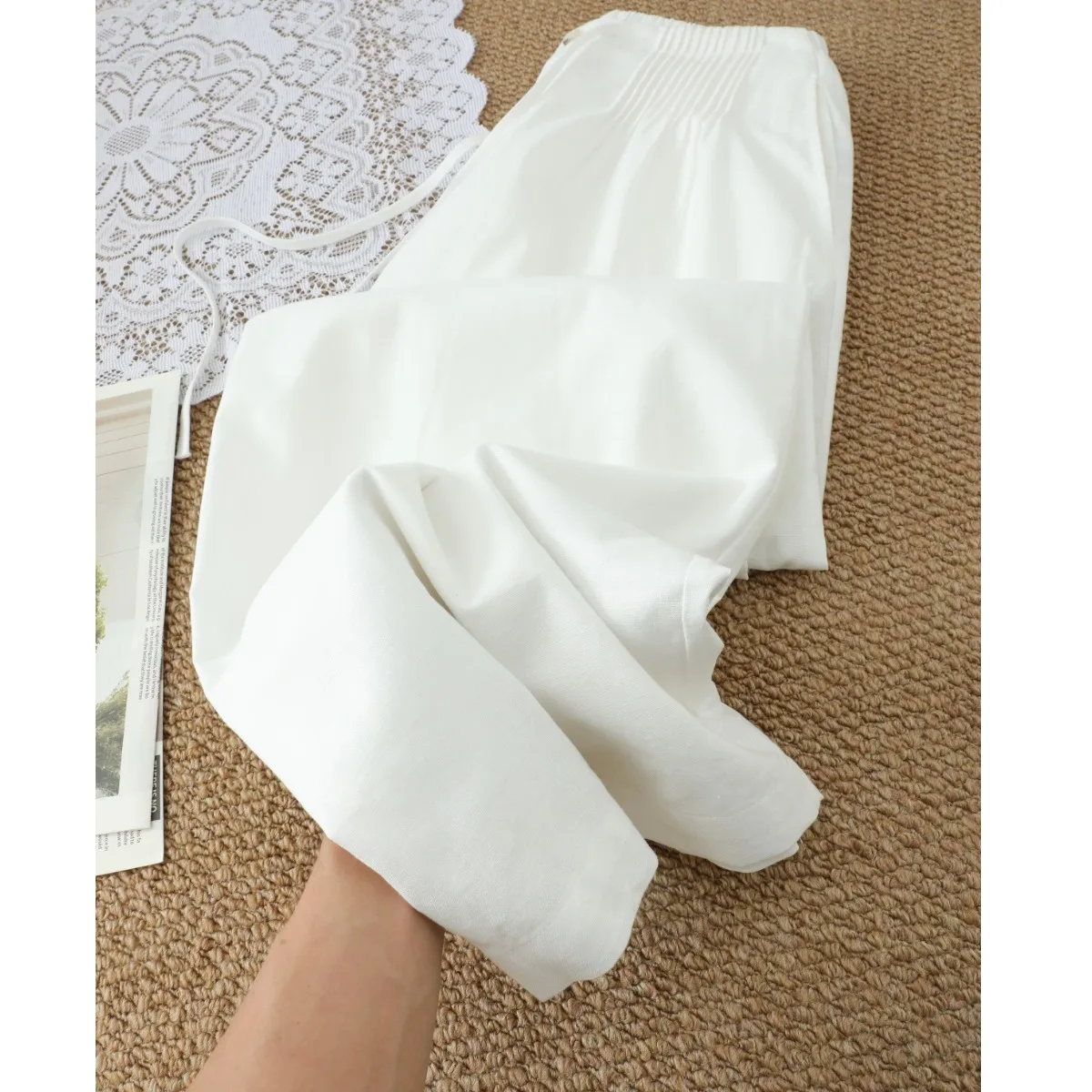 

Korean High-End Cotton Linen Accordion Pleat Women's Casual Pants Simple Design Fashionable All-Match White Long Pants