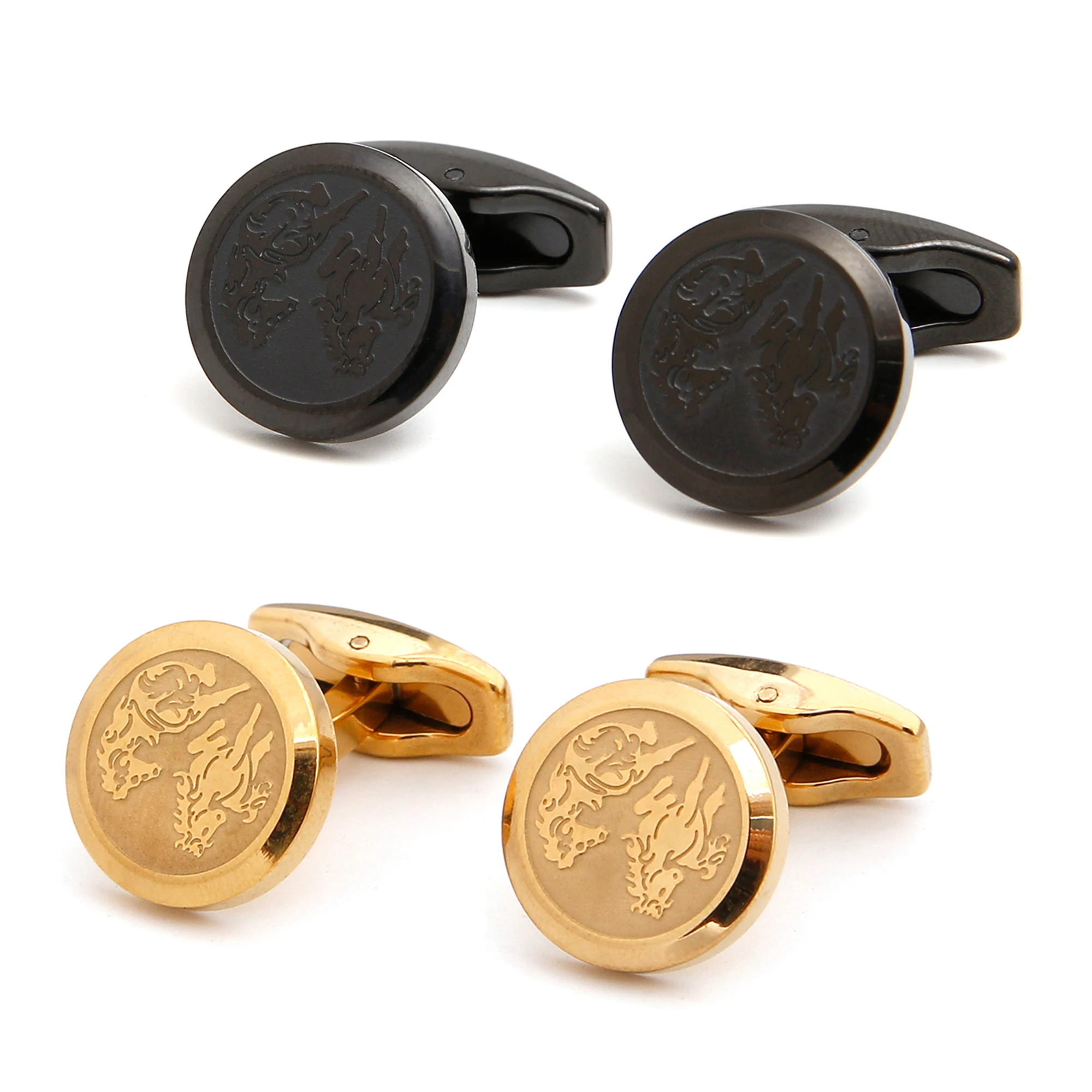 

Cufflinks for Men XK24035 Cute Carving Horses Solid Color Stainless Steel Round Gold and Black Color Dress Shirt Cuff Links