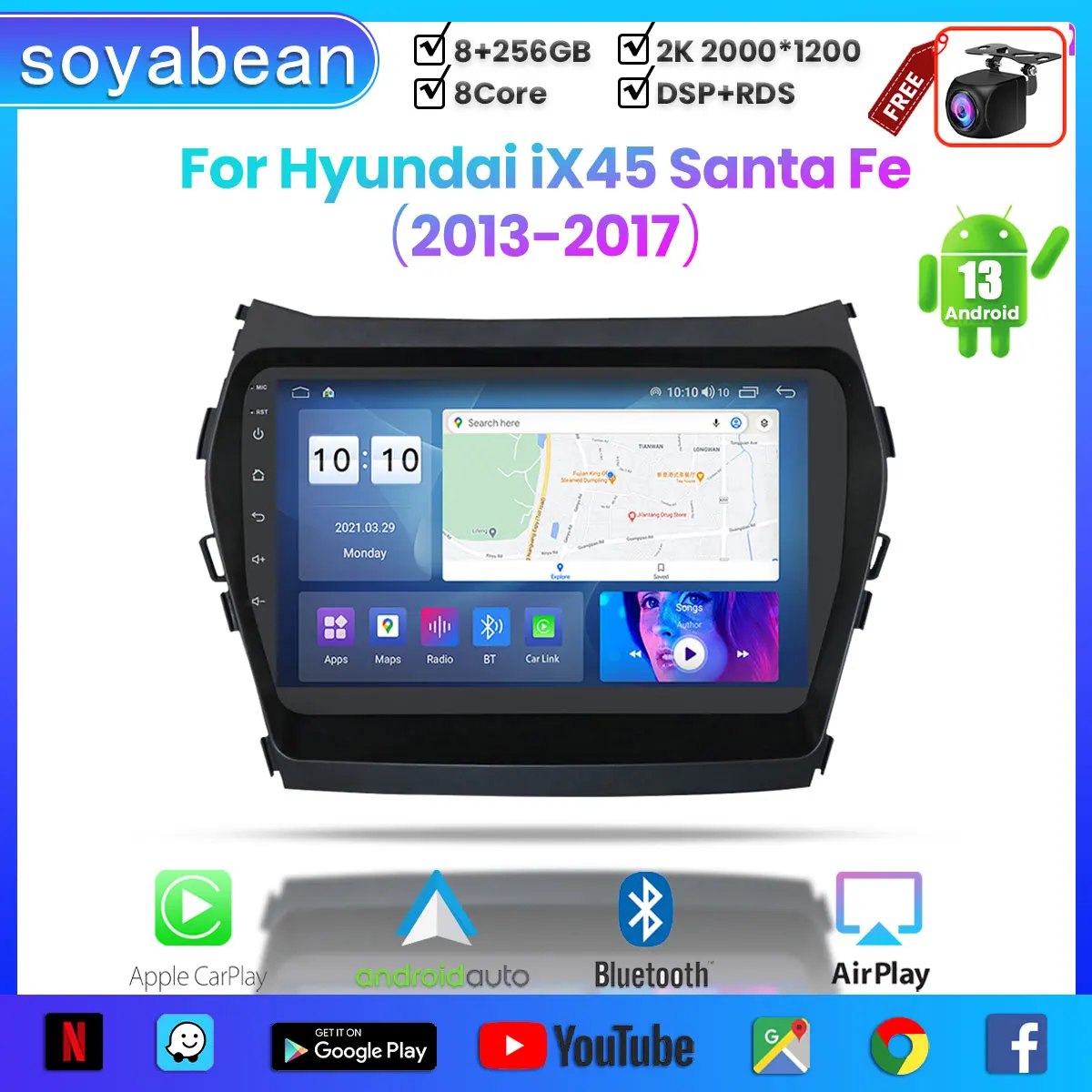 

Android 13 Car Radio for Hyundai IX45 Santa Fe 2013-2017, 9inch Multimedia Player with 4G Carplay & 2Din GPS Navigation