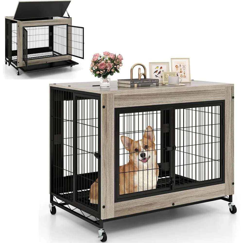 

Dog Crate Furniture with Wheels, 38" Dog Kennel Indoor with 3 Doors, Flip Top Lid, Removable Pull-Out Tray, Modern Dog Cage Pet