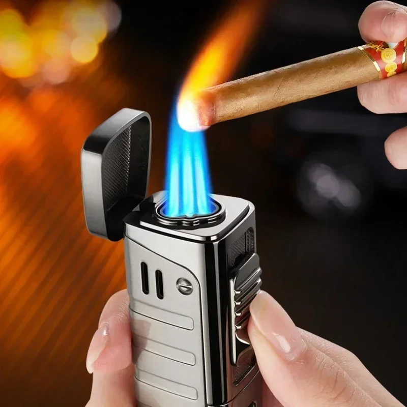 New Metal Windproof Direct Lighter Cigar Blue Flame 3 Jet Torch Gas Butane Cigar Lighters Chamber Smoking Accessories Man Gift