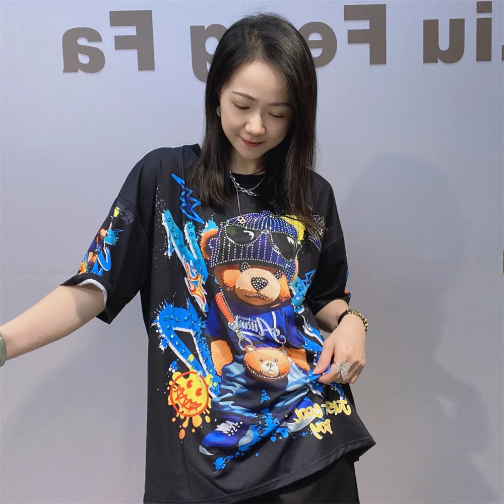 Fashion Spring Summer Loose Women Short Sleeve T-shirt Cartoon Printed Oversize Tops Hot Diamonds Beads Round Neck Casual Tees