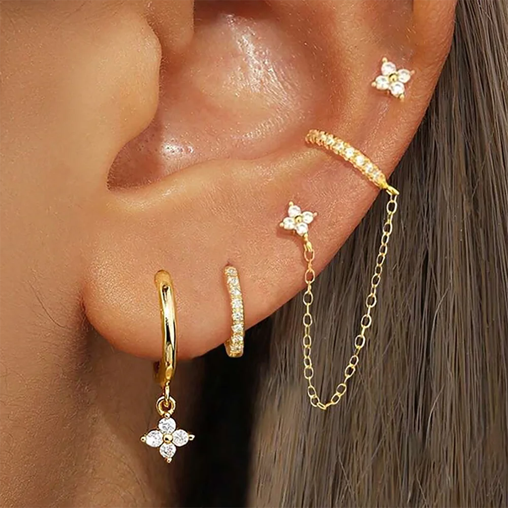 4PCS Sparkling Zircon Flower Dangle Earrings Set For Women Fashion Tassel Chain Ear Stud Ear Clip Trend Birthday Jewelry Gift