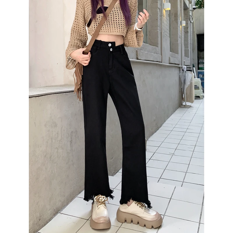 جينز أسود عالي الخصر مستقيم الساق للنساء الكمثرى ربيع 2025 جديد Sle بنطال ذو قصة أرجل واسعة مزيج القطن المضاد للتجاعيد