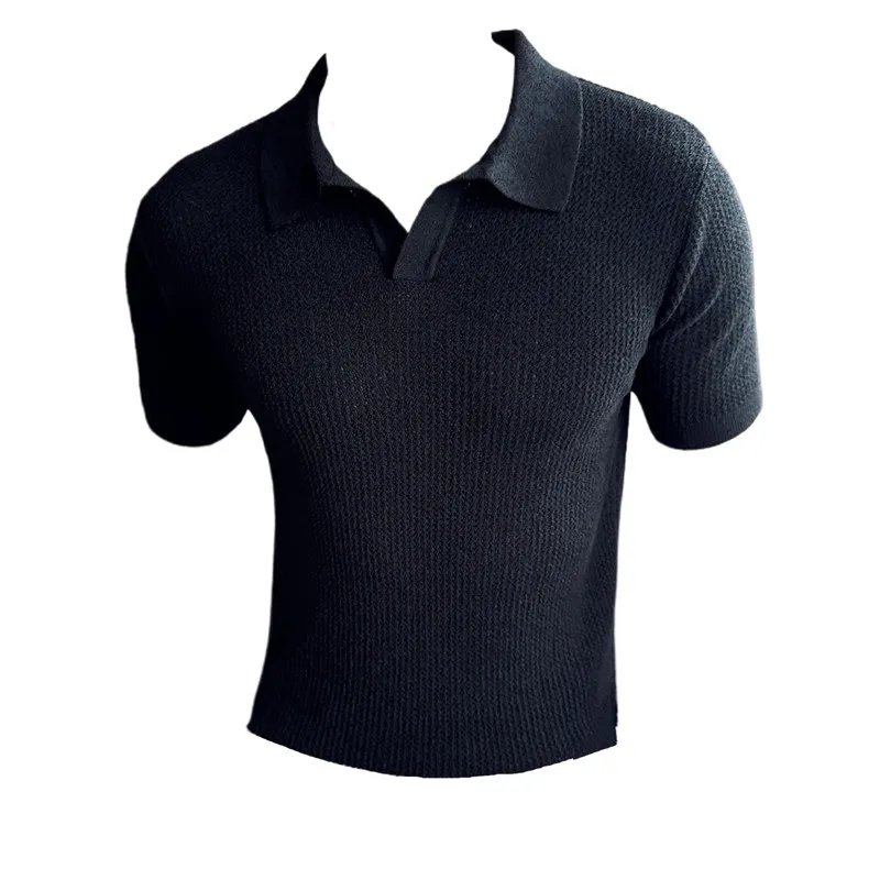 Summer Hollow Knitted Short Sleeved Polo shirt Mens Elasticity Mesh Casual T Shirt Male V Neck Slim Fit Breathable Polo Shirt