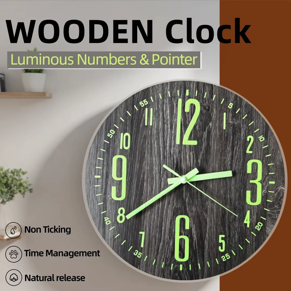 Luminous Wooden Wall Clock Silent Non Ticking Fluorescent Number Hands Round Clock Bedroom Living Room Kitchen Office Decor