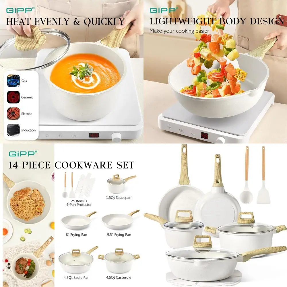 

14-Piece White Granite Nonstick Cookware Set with Frying Pans, Saucepans, Silicone Utensils, PFOS & PFOA Free