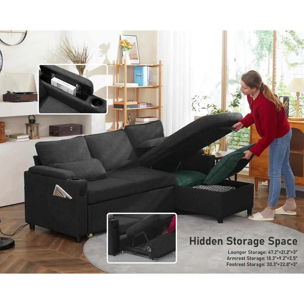 Wohnzimmer-Kombinationssofa, 2-in-1, Schlafsofa mit Stauraum, USB, Getränkehalter