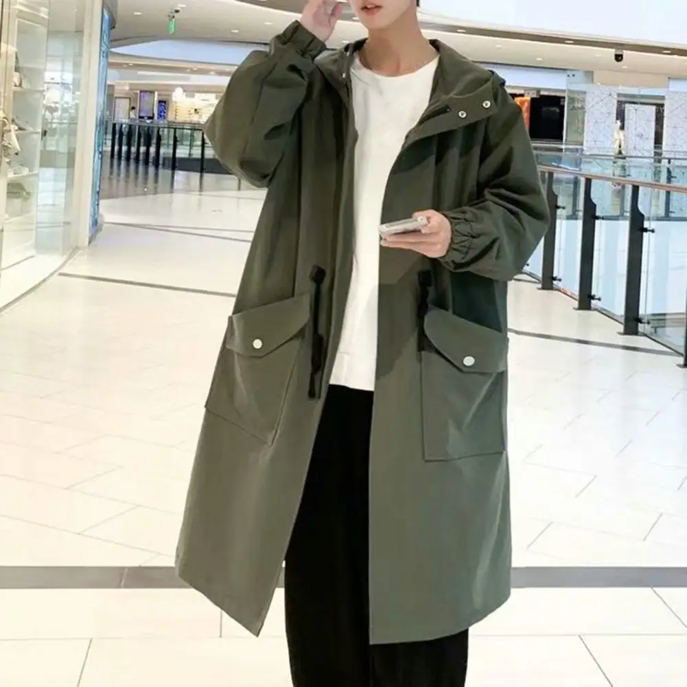 

Zippered Long-sleeve Coat for Men Stylish Men's Hooded Trench Coat with Big Pockets Windproof Design Elastic Cuff for Streetwear