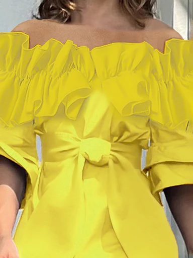 Krismile 2025 تصميم أصلي جديد بلوزات وقمصان قطنية مكشوفة الأكتاف للنساء قطع علوية مكشكشة متدرجة صفراء مفصلة للنساء Cl