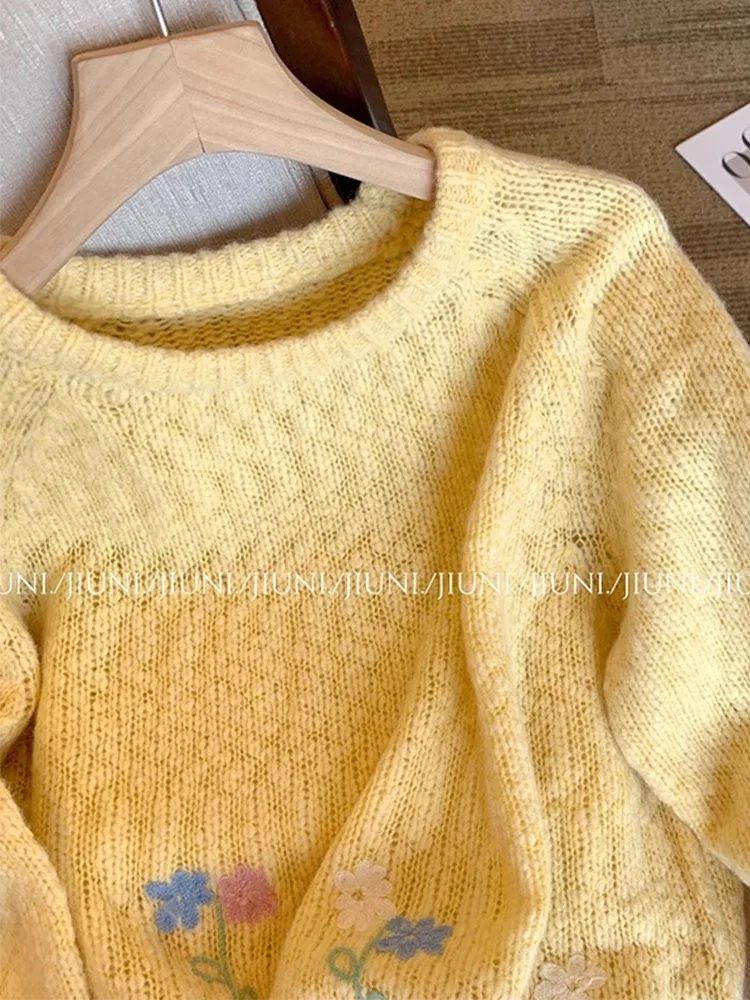 French Elegant Sweet Sweater O-Neck Oversized Funny Floral Duck Print Knitted Pullover Yellow Casual Jumper 2023 Autumn Winter