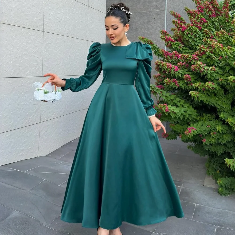 

Customized Elegant High Quality Bow Ruched A-line Scoop Neck Ankle Length Dresses Bespoke Occasion Dresses Modern Style Matching