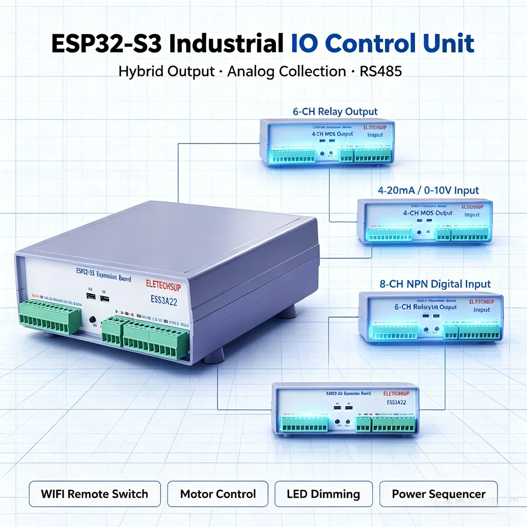 ESP32 IO Control Module RS485 4-20mA 0-10V Analog Collect 8CH NPN Input 6CH 10A Relay 4CH 3A MOS WIFI MQTT
