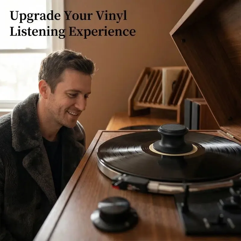 

Аксессуары для проигрывателей виниловых пластинок: стабилизатор из углеродного волокна и алюминия, амортизирующая подставка для фонографа.