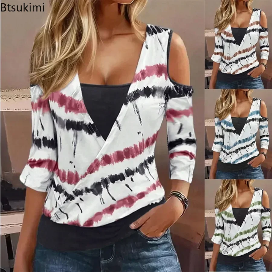 

Summer Fake Two Pieces Long-sleeved T-shirt for Women Fashion Splice Striped Printed Off Shoulder Tops Females Loose Casual Tees