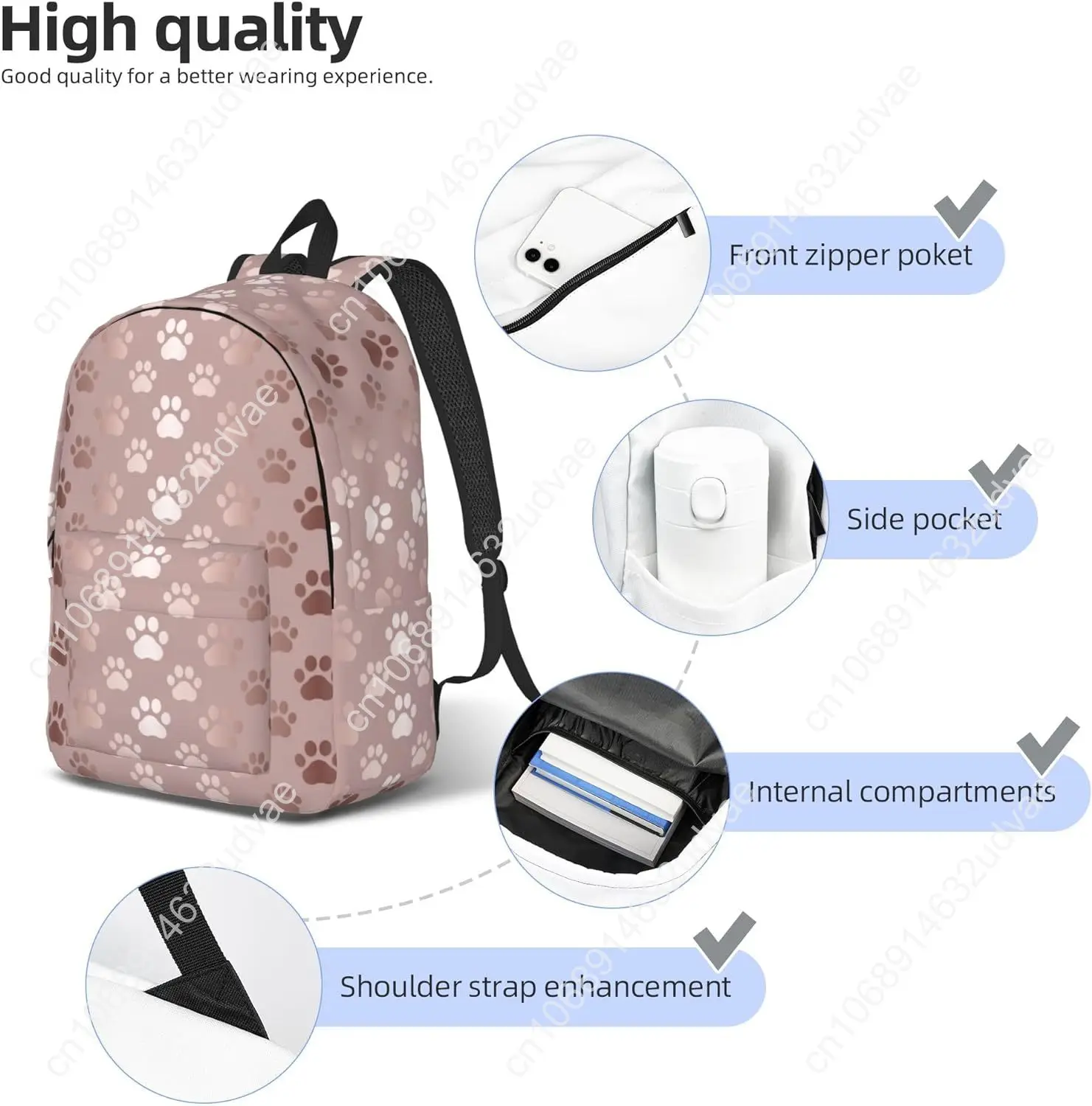 Rose Gold Dog Paw Animal Print Laptop Rucksack Work Bookbag Casual Daypack for Women Men Boy Girl Student Travel Hiking 16 Inch