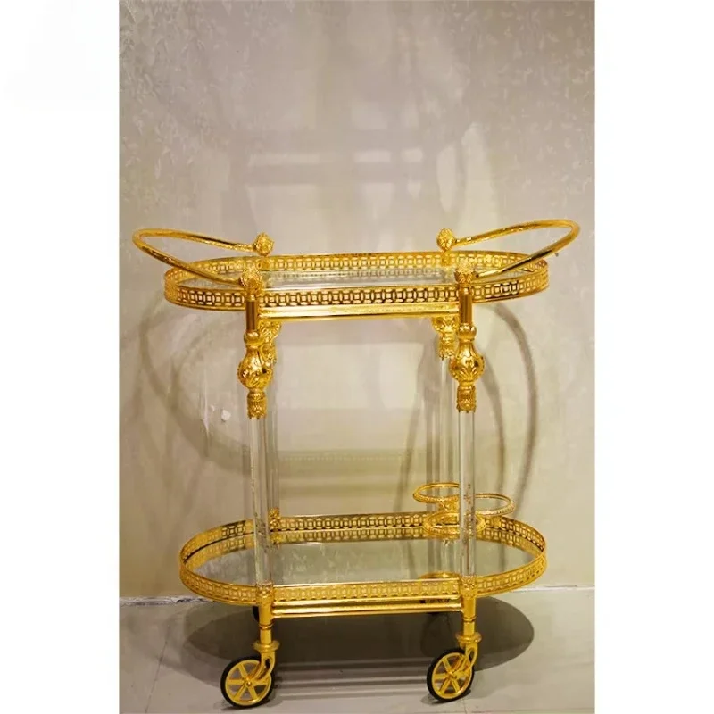 High Quality Luxury Golden Double Glass Hotel Serving Trolley For 