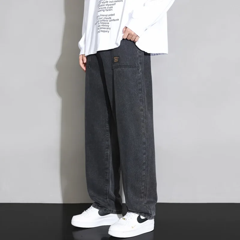 Winter Jeans Men High Street Fashion Solid Color Full Length Straight Leg Pants Korean Style High Waist Loose Streetwear Male