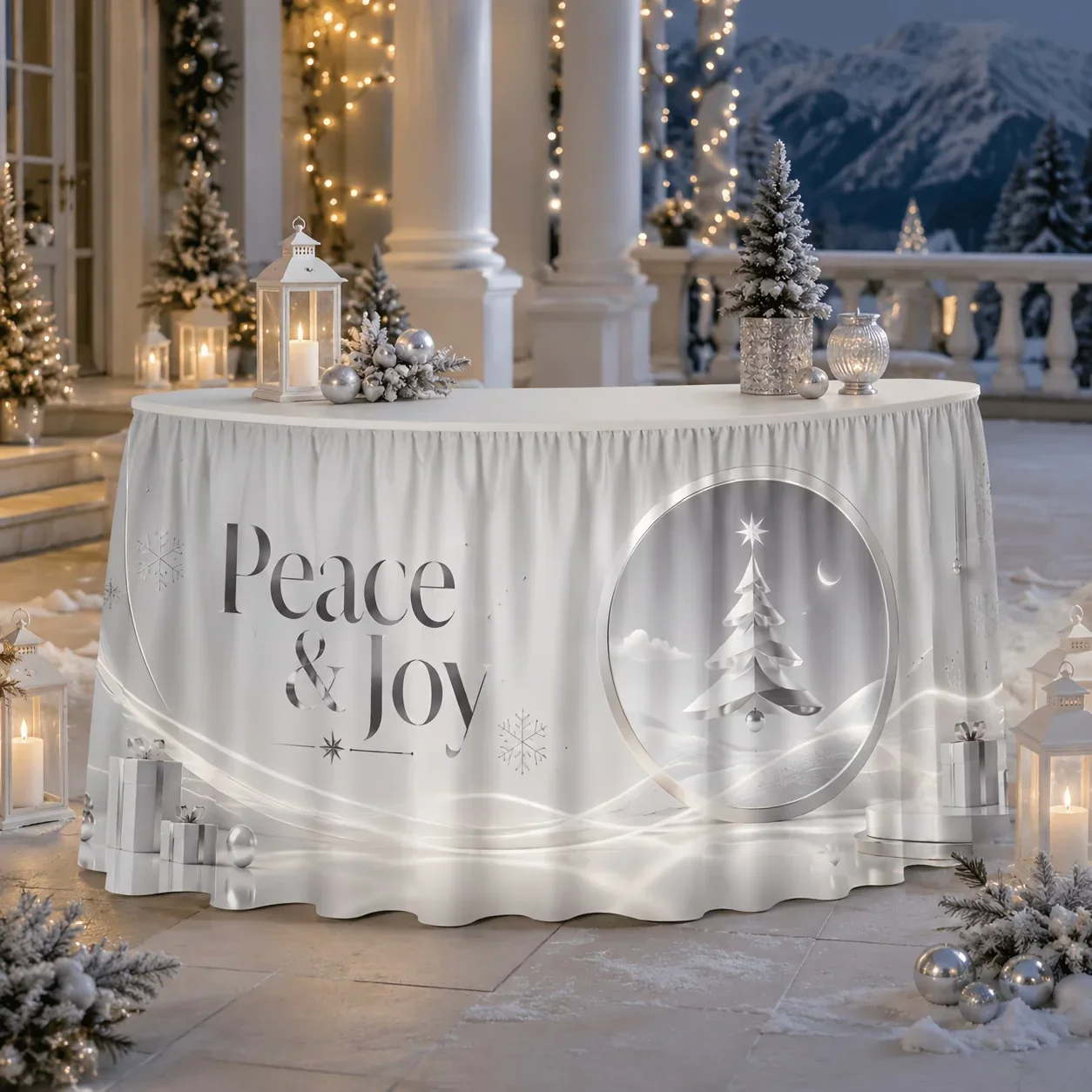 Tablecloth table skirt 1 piece, Peace & Joy, minimalist silver-white Christmas tablecloth, 3D paper Christmas treexzj