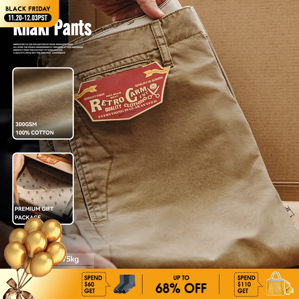 

Maden Vintage Heavyweight Khaki Casual Pants Twill Cotton Straight Pants for Men's Autumn Workwear Classic Zip Fly Trousers