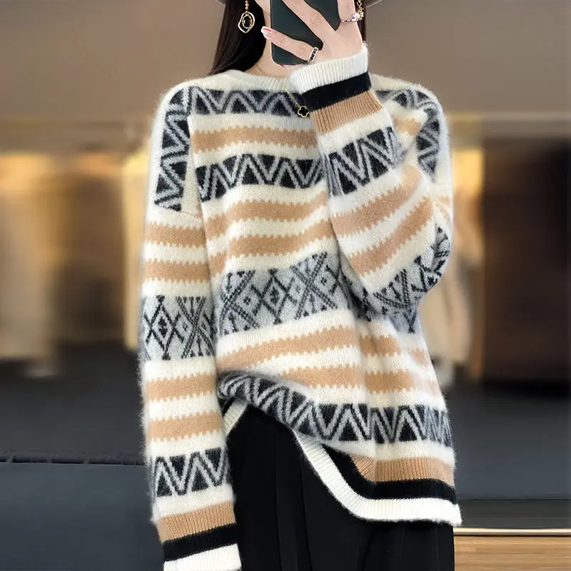 

Women's Clothing Vintage Soft Wool Knitted Top Geometric Jacquard Thick Sweaters Y2k Chic Comfortable Warm Contrast Pullovers