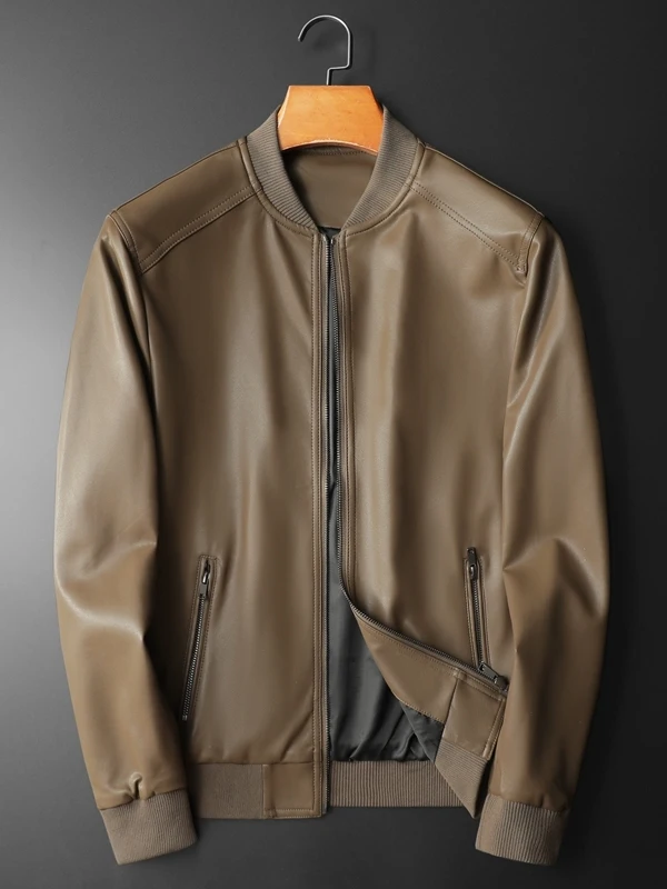 

Vm Мужская байкерская кожаная куртка Slim Fit, осеннее новое модное брендовое длинное пальто с бейсбольным воротником на молнии