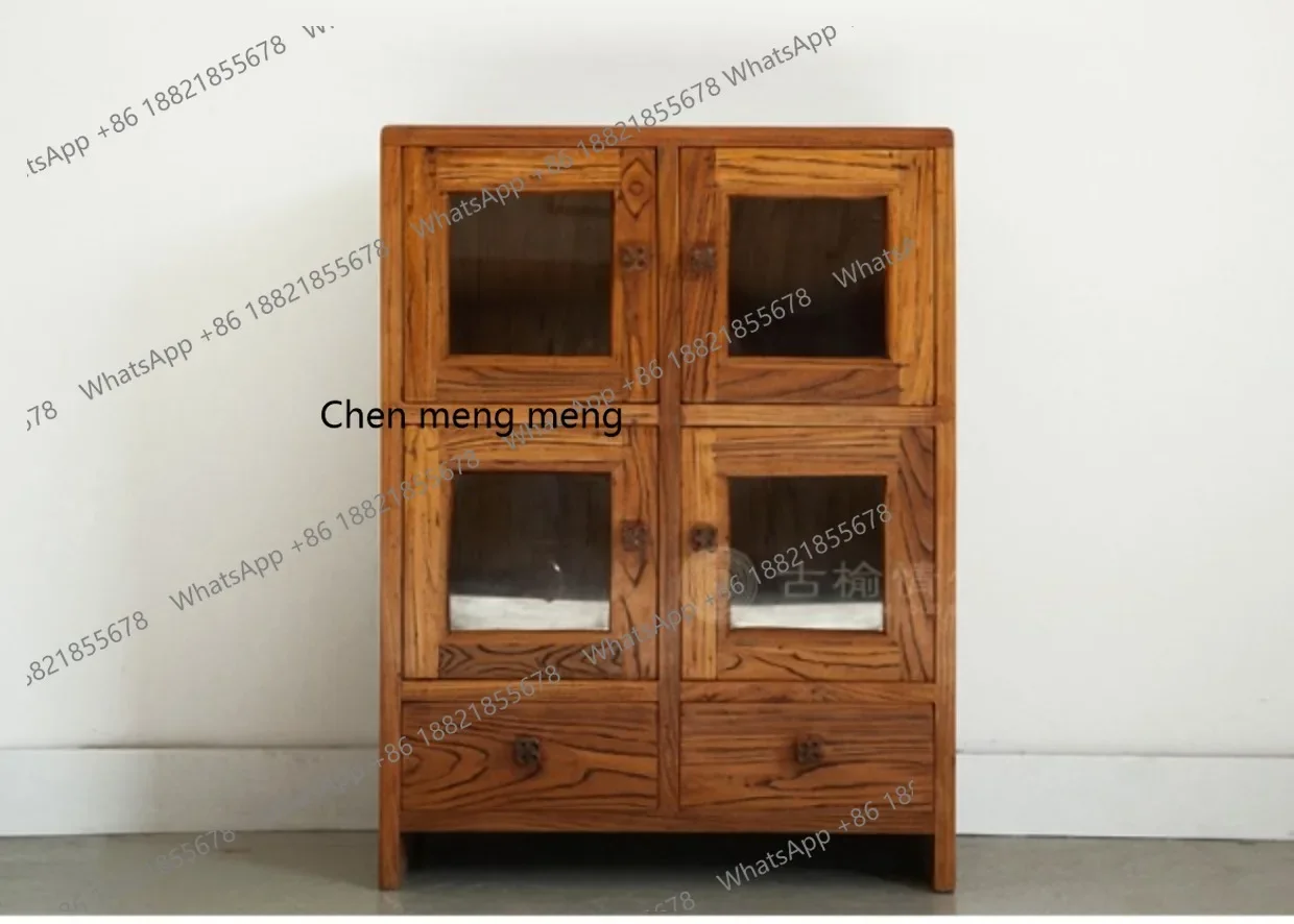 

Ancient Elm Sentiment Old Elm Solid Wood Sideboard Country Style Six-Door Glass High-Low Storage Display Cabinet with Drawers