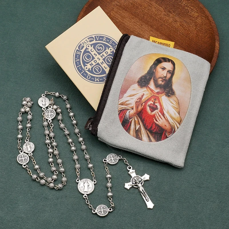 Christian Benedict Jesus Cross Necklace with Pendant Silver Plated Flower Beads Rosary Women Men Chain Fashion Religion Jewelry