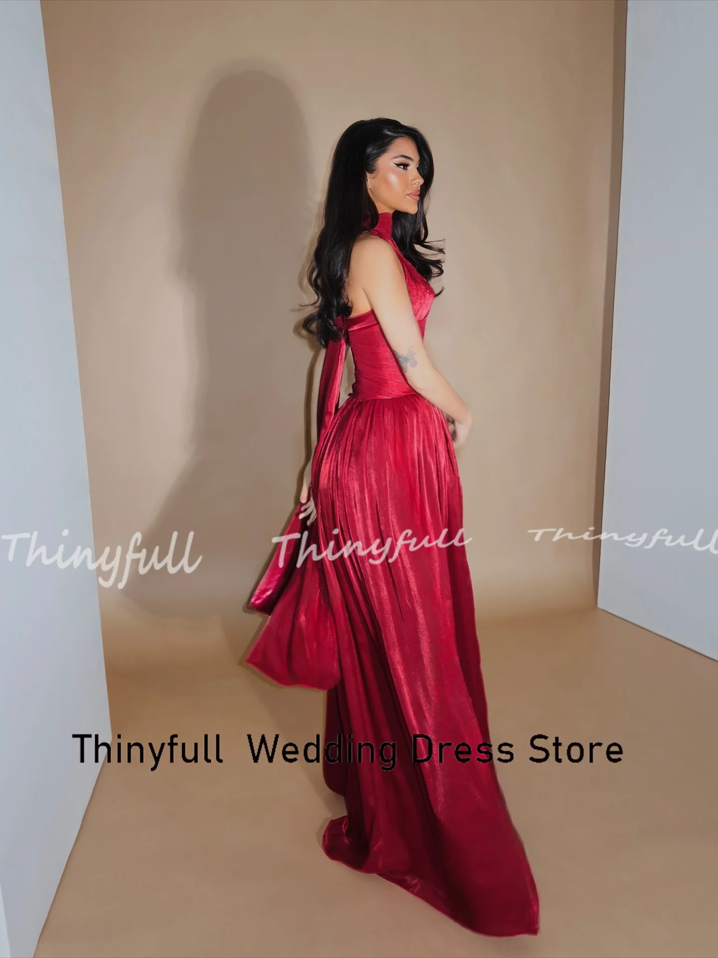 Thinyfull A-line Arab Long Prom Dress Halter Sleeveless Shiny Satin Evening Party Dresses Dubai Dress Robe De Soirée Customized image 5