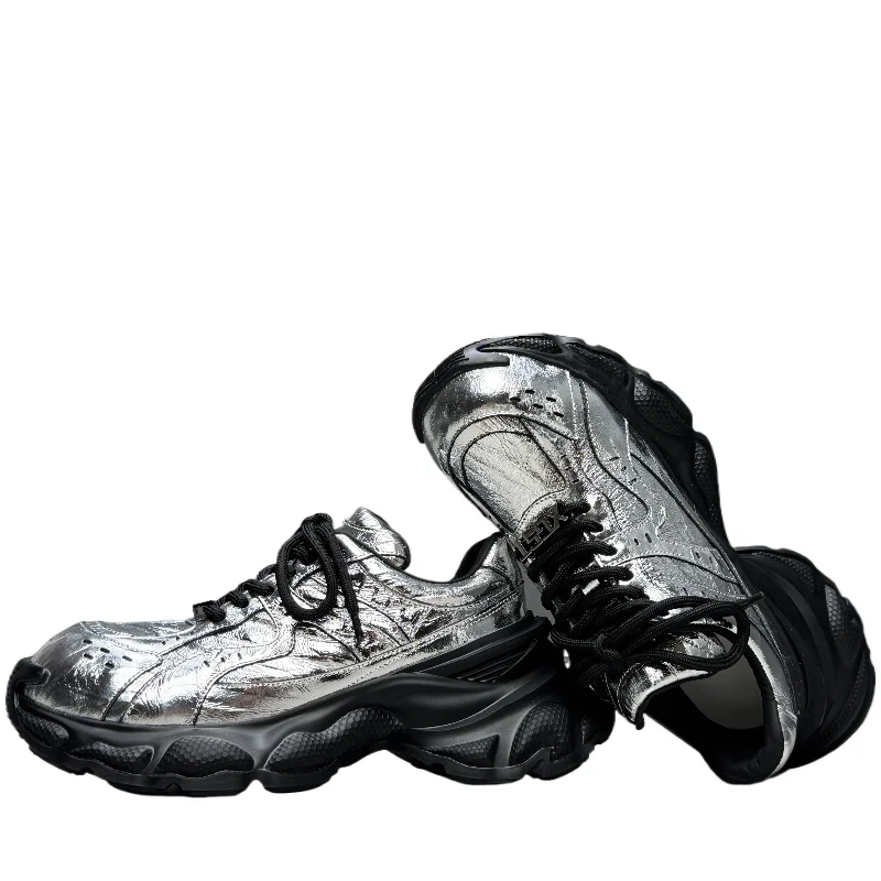 

Retro Gun Color Thick Sole Height Increasing Shoes for Men's Casual Sneakers Comfortable Bread Shoes Genuine Leather Daddy Shoes