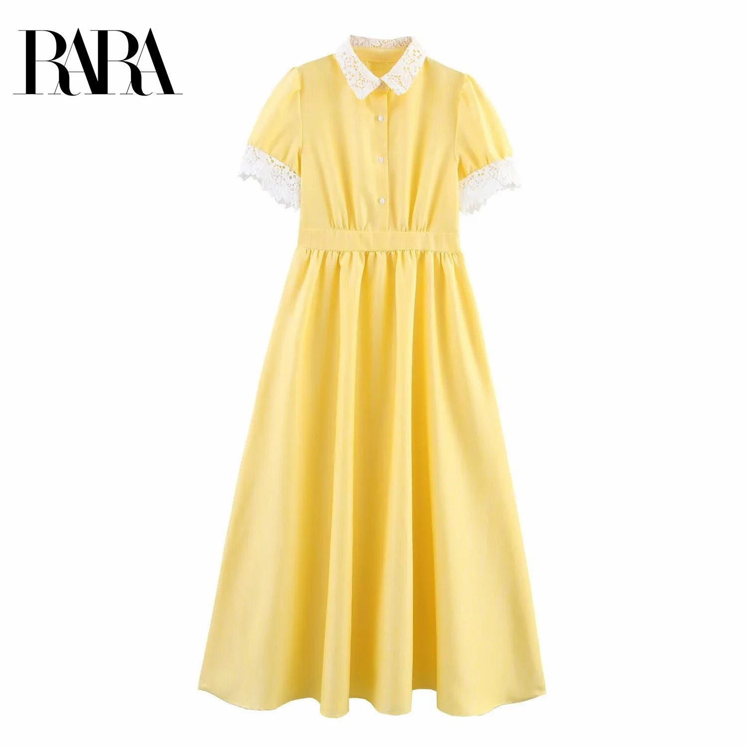 

RARA Womens French Style Elegant Waist Tightening Mid Length Dress with Lace Paneling for a Chic and Graceful Look