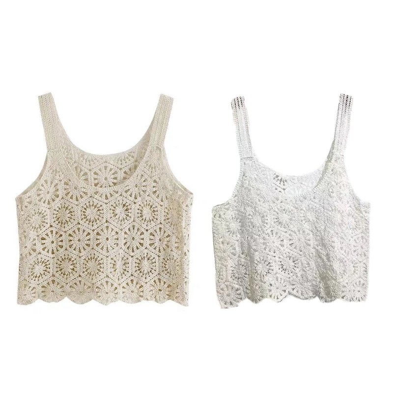 Women Vintage Crochet Cropped Tank Top Boho Hollow Out Knitted Floral Pattern Camisole Summer Sleeveless Cover Up Vest