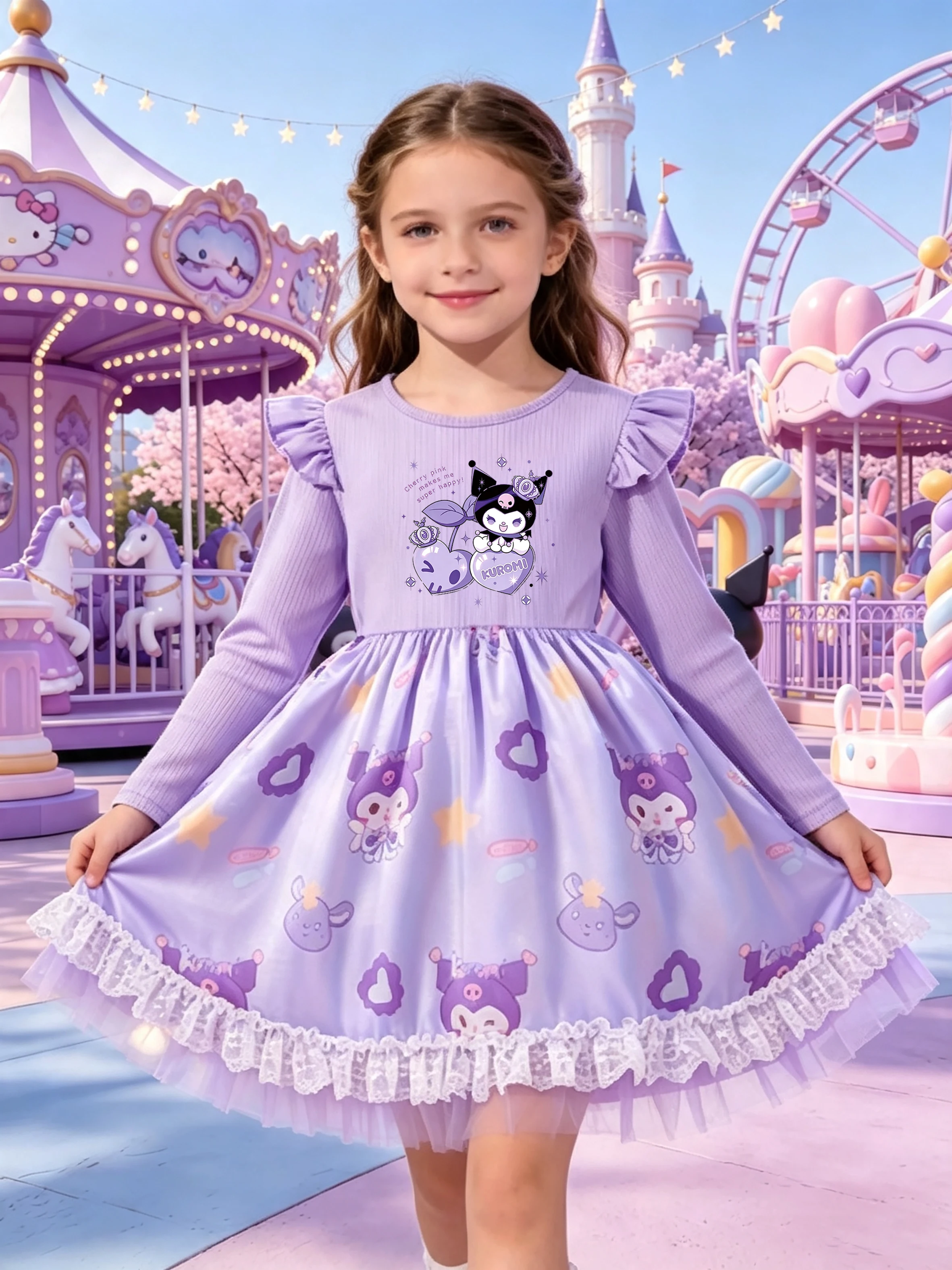 Little Girl Kuromi Cartoon Printed Tulle Dress, Crew Neck, Flutter Long Sleeves, Double-Layer Lace Hem, Spring & Autumn Princess