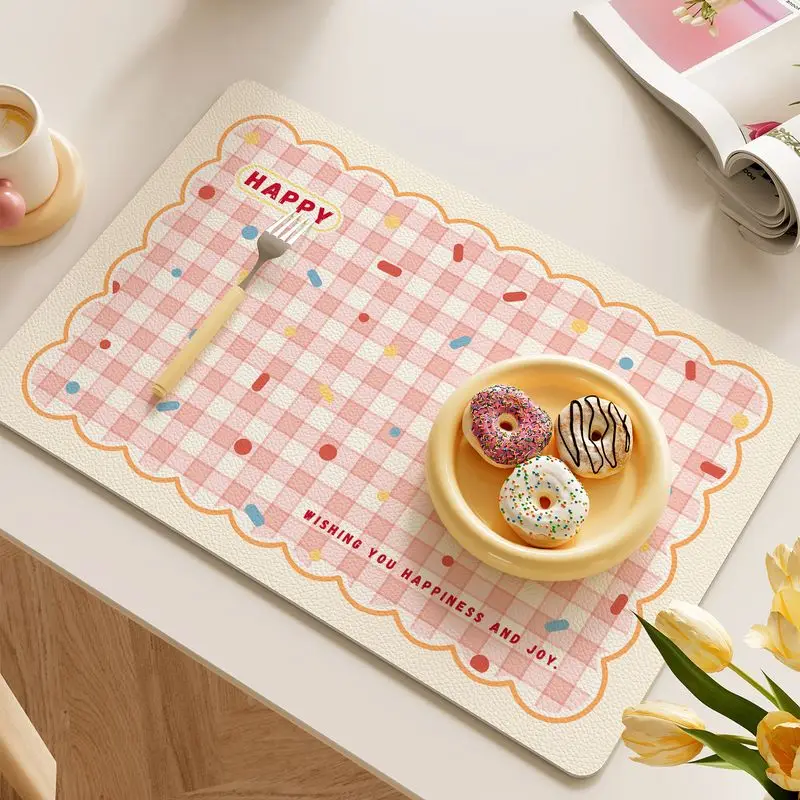 Cute Korean-Style Dish Drainer Mat Checkered Wavy-Edge Absorbent Heat-Resistant Non-Slip Kitchen Home Decor Quick-Dry Mat