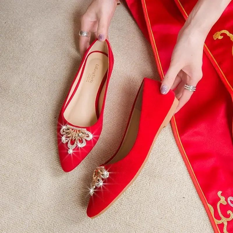 Red Rhinestone Bride Slip-on Shoes for Women Promotion High Quality Fashion Summer 2025 Social Wholesale Beau Today Woman Flats