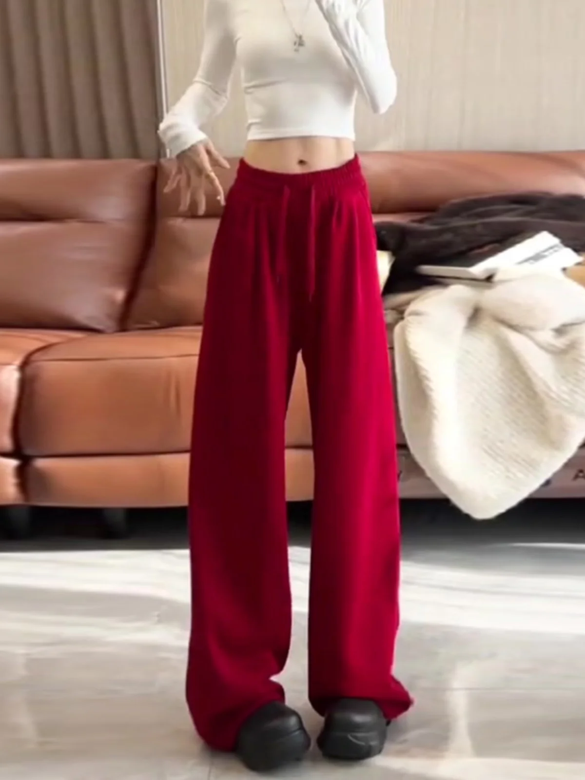 

Ankela красные повседневные спортивные брюки женские свободные прямые брюки с широкими штанинами и высокой талией длинные брюки весна 2025