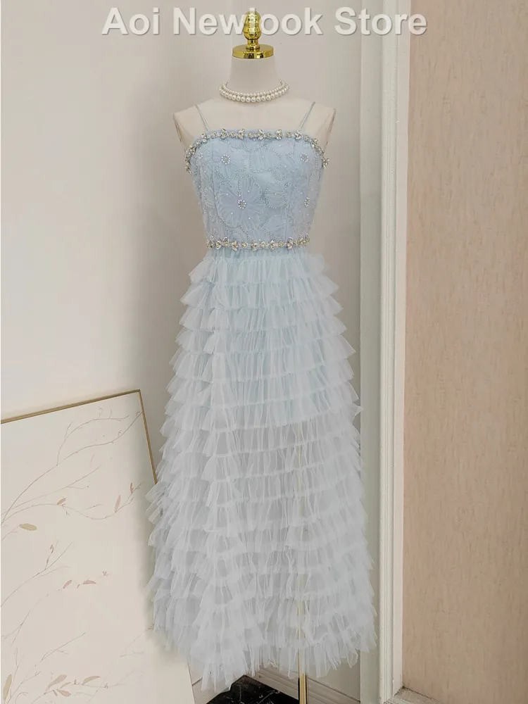 

French Blue Diamond-Encrusted Dress Women's 2024 Summer New High Quality Embroidered Sequins Beaded Mesh Strap Cake Skirt