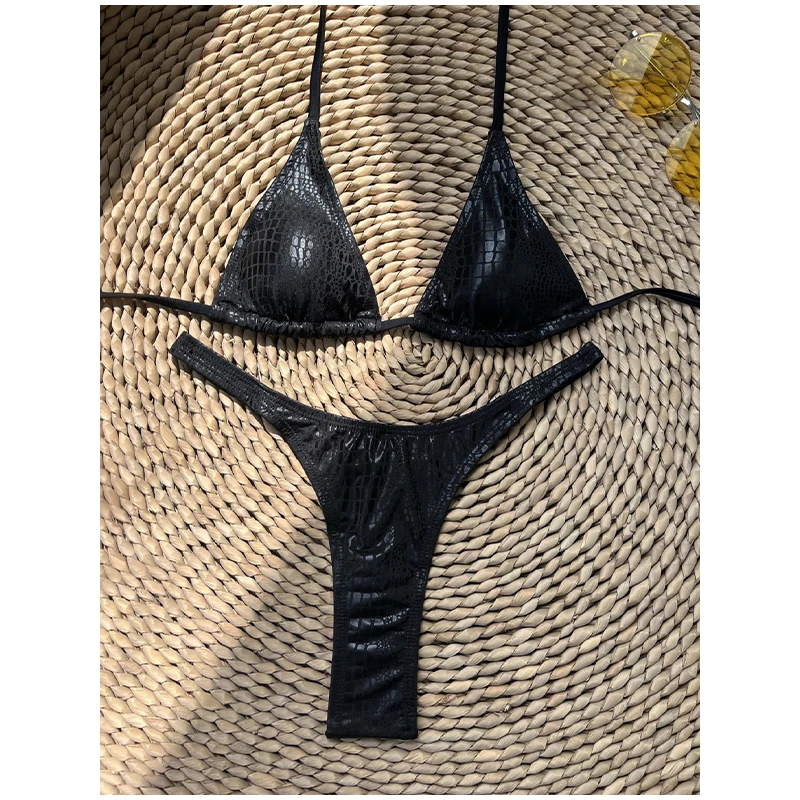 Bikini Mini Tanga Brillante con Pedrería, Traje de Baño de Dos Piezas de Cuero Sintético, Bikini Sexy sin Espalda, Ropa Interior, Accesorios para Mujer 2026